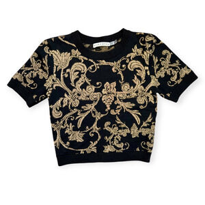 Alice + Olivia Ciara Jacquard‎ Knit Black Gold Crop Sweater Size XS